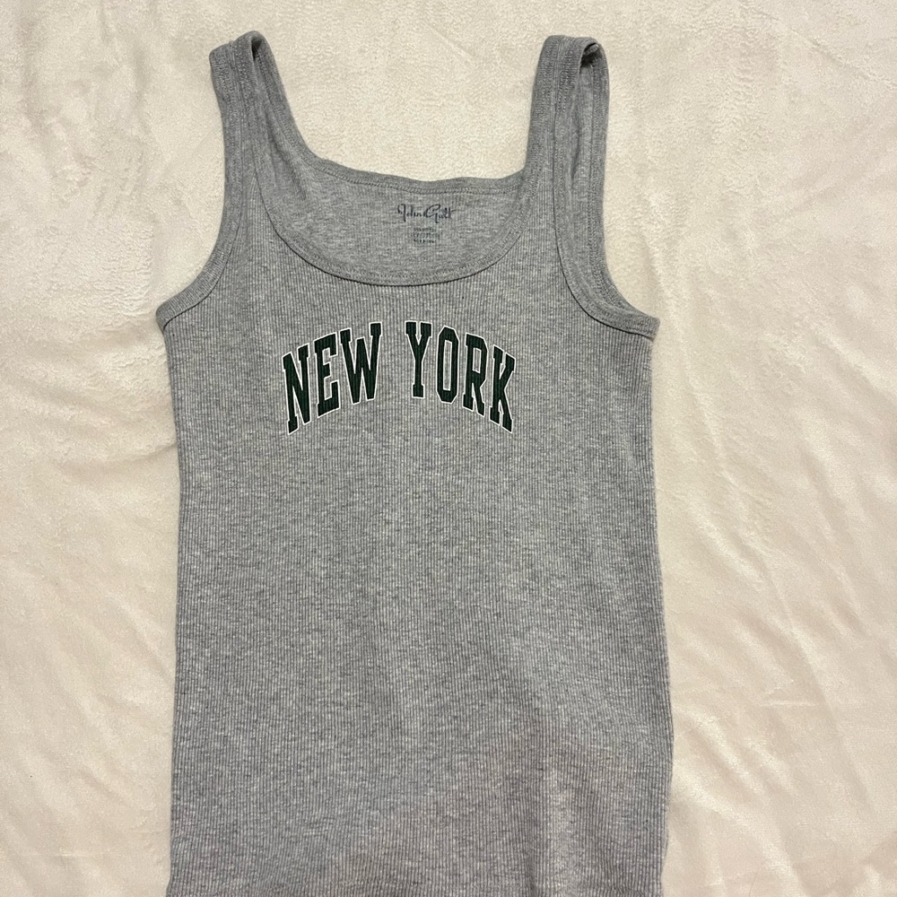 Brandy Melville Gray Ribbed 'New York' Tank Top with Dark Green Lettering